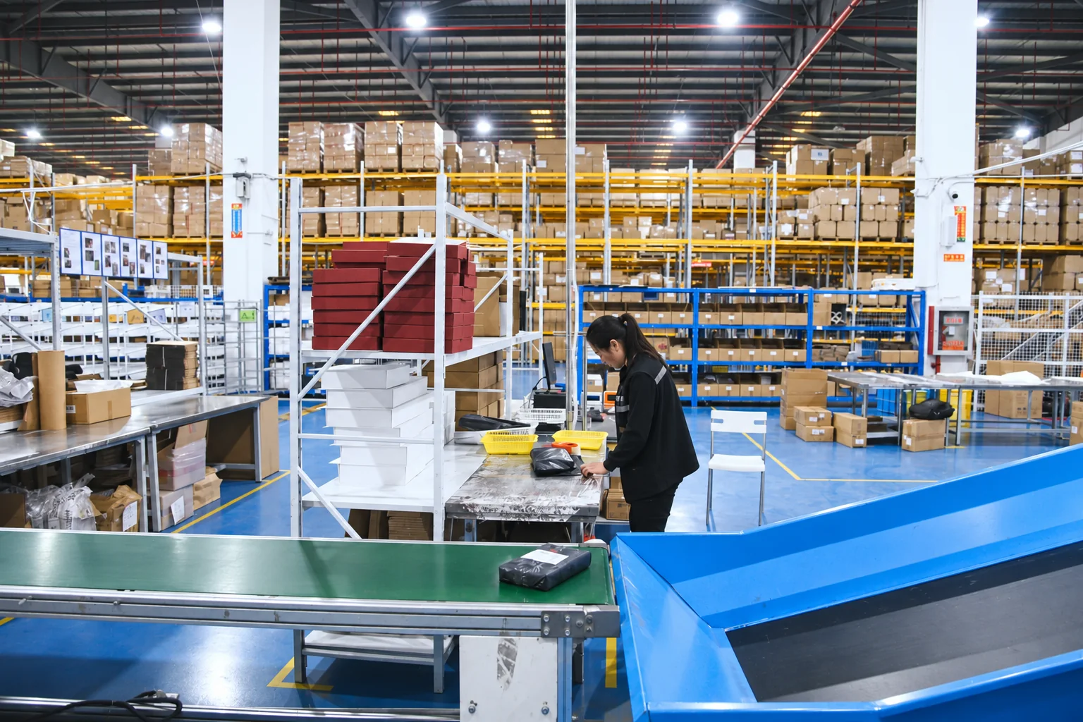 Illustration of parcel sorting beside warehouse conveyor lines.