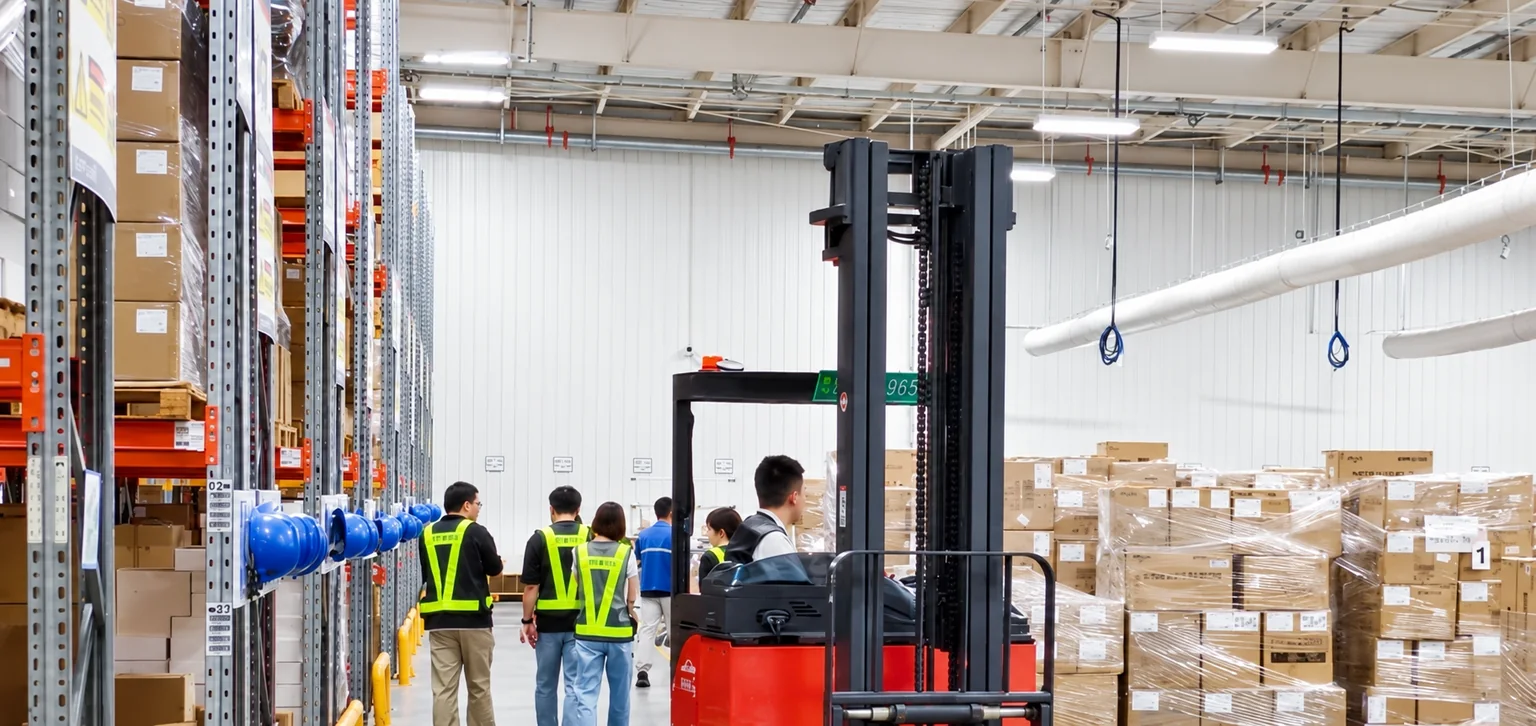 Illustration of a receiving team beside warehouse racks and a forklift.